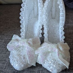 White Beaded Hanging Decor Or Ornament Shoes With Glitter Bows